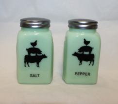 Jade Green Glass Farm Animals Salt &amp; Pepper Shakers Printed Art Deco Arch Retro - £19.91 GBP