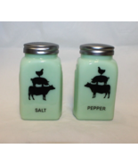 Jade Green Glass Farm Animals Salt &amp; Pepper Shakers Printed Art Deco Arc... - £19.98 GBP