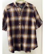 Pendleton Blouse Wool Button Down Collarless Short Sleeve Checkered Size L - $12.86