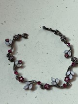 Thin Japanned Silvertone w Frosted White Leaves &amp; Hot Pink Fuchsia Flowe... - £11.90 GBP