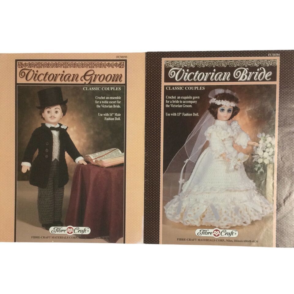 Fibre Craft Doll's Crotchet Outfit Pattern Lot Victorian Bride And Groom - $23.56