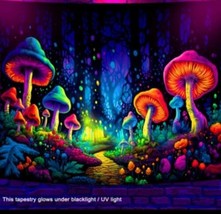 79&quot;x60&quot;Black LT Tapestry Neon Mushrooms Forest Planet Stone Walkway Wall Hanging - £13.83 GBP