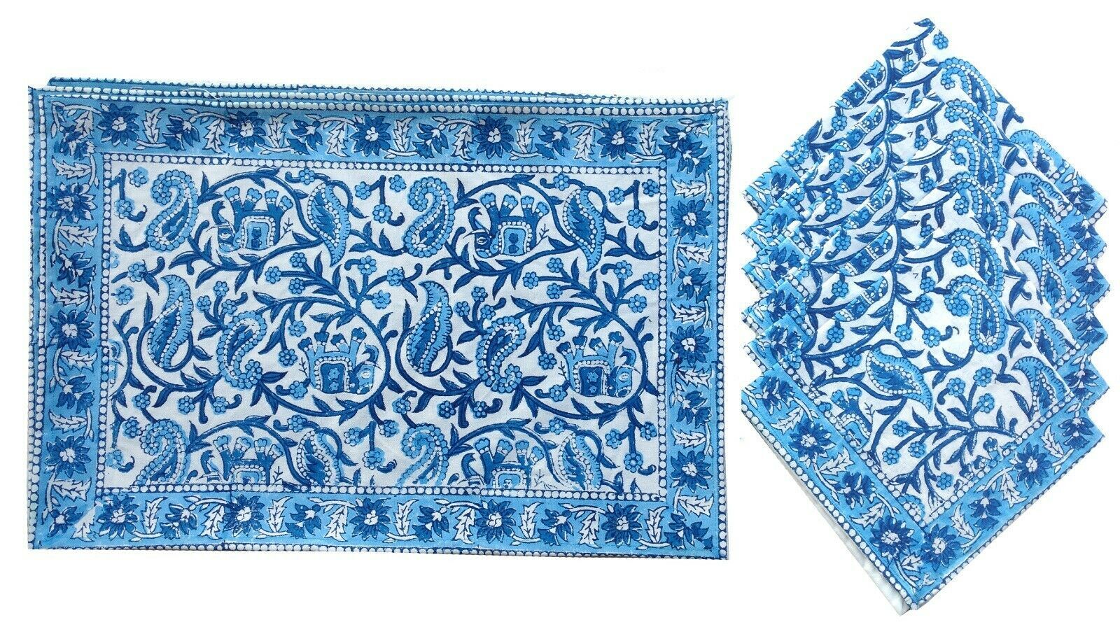 Hand Block Cotton Indian Style Theme Dining Table Mats and Napkins Set of 6 - $28.04