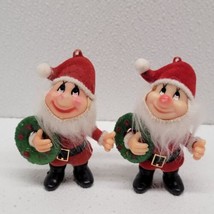 2 Vintage Plastic Flocked Felt Dwarf Santa Helper Wreath Christmas Ornam... - $19.70