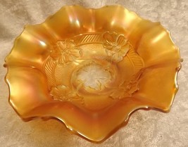 Carnival Glass Bowl Marigold Daisy Two Flower Ribbon Vintage Art Glass D... - $17.49