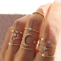 Vintage Bohemian Ring Sets Heart Butterfly GolRings Crystal Geometric Knuckle Mi - £9.64 GBP