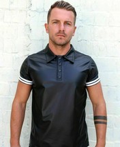 Mens GENUINE LEATHER LEDER CUIR Polo T Shirt short sleeves white stripes - £64.73 GBP