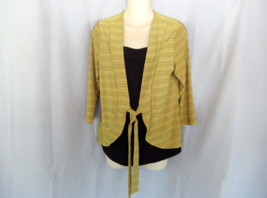 Liz McCoy top layered 2-fer Small gold yellow black print tie front 3/4 ... - $10.73