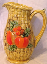 Vintage Ceramic Mustard Yellow Basket Weave Creamer/Syrup Pitcher w/Fruit 8 in - £12.26 GBP