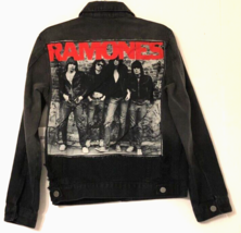 $125 Ramones Punk Rock Vintage 90s Black Distressed Unisex Denim Jacket S New - £111.86 GBP