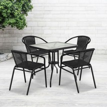 Patio Furniture Set 28-Inch Square Glass Metal Table Black Rattan 4 Black Chairs - £256.33 GBP