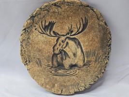 Vintage Engraved Moose Handmade Glazed Pottery Trivet Plate Wall Art - S... - $19.18