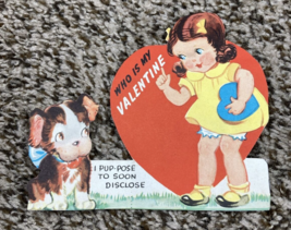 Vintage Valentines Day Card Girl w Dog Pup-pose to Soon Disclose - $4.99