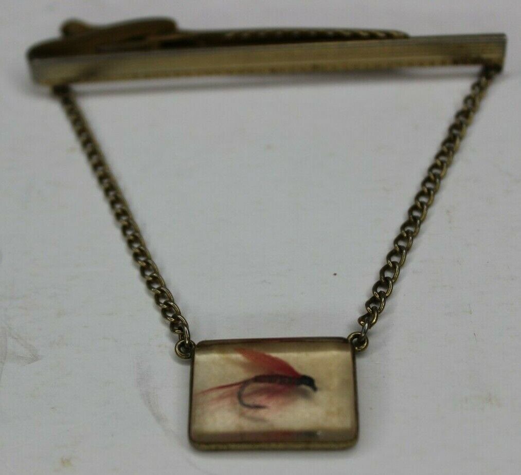 Vintage Hickok Gold Tone Tie Clip Fly Fishing Fly Mother of Pearl Chain - $9.49