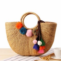 1 PCs Handmade Cotton Linen Beach Bag Weaving Bamboo Bag Wood Top-handle Handbag - £54.33 GBP