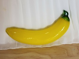 GLASS BANANA Art Glass Figurine Murano Style Yellow Fruit Green Stem 7.5"  - $11.88