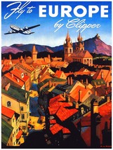 5319.FLy to Europe.by clipper.plane over town.POSTER.Decoration.Graphic Art - £10.46 GBP+