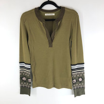 Free People Mikah Notch Neck Top Thermal Fair Isle Sleeves Army Combo Green M - £30.34 GBP