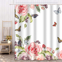 Butterfly Floral Shower Curtain 72 X 72 Inch, Watercolor Pink Rose Peony Flower - £20.49 GBP