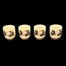 Set 4 Sake Cups Shot Glasses Ceramic Asian Scene 1 1/2 oz Vintage - £7.88 GBP