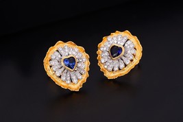 Heart Cut Created Blue Sapphire CZ Stud 18K Yellow Gold Plated Women&#39;s Earrings - £121.39 GBP