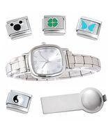 Silver Rectangle lItalian Charm Watch Bracelet Plus Tool &amp; Enamel Charms - $18.69