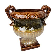 VTG Hosley Potteries Planter Urn Double Handle Olive Green Brown Beige T... - $19.78