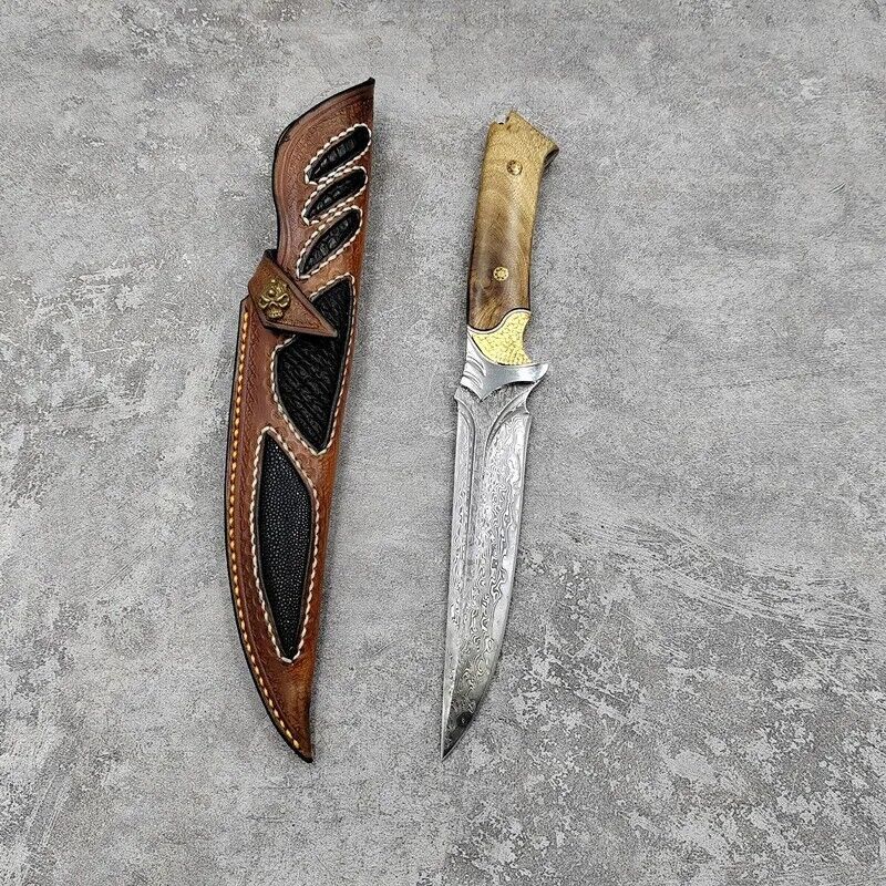 COLLECTIBLE VG10 DAMASCUS HUNTING KNIFE CAMPING SURVIVAL FIXED BLADE FUL... - $136.62