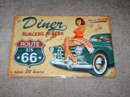 New &quot;Route US 66&quot; Tin Metal Sign  8&quot; X 12&quot; Diner Burgers &amp; Beer Sexy Girl - £19.59 GBP