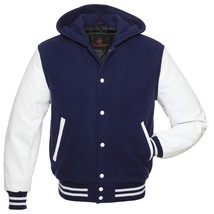 Bomber Varsity Letterman Baseball Hoodie Jacket Navy Blue Body White Leather Sle - £92.60 GBP