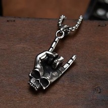 Skull Rock On Hand Pendent Necklace Men Women Punk Retro Jewelry Chain 24&quot; Gift - £7.01 GBP