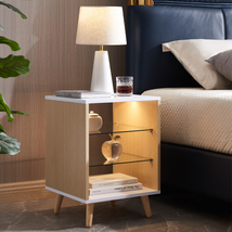 LED Nightstand with 2 Glass Shelves Bedside Table with 3 Color LED Lighting - £91.71 GBP