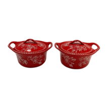 Temptations Tara Lot 2 Red Lace Serving Casseroles Baking Pots Lids 16 oz - $42.52