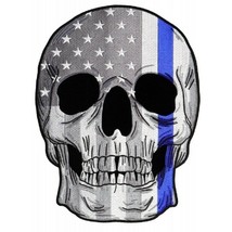 POLICE FLAG BLUE LINE SKULL Motorcycle Jacket Biker Vest LARGE Back Patch - $34.04
