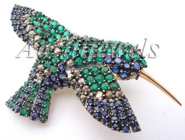 Victorian 1.45ct Rose Cut Diamond Emerald Blue Sapphire Brooch Christmas... - £767.17 GBP