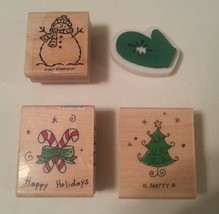 Winter Wood Mounted Rubber Stamps (4) Christmas Tree, Candy Cane, Snowman Mitten - £7.39 GBP