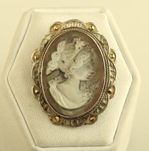 Vtg sterling silver Victorian Lady Gold Ornate Frame Cameo Pendant Brooch - £71.05 GBP