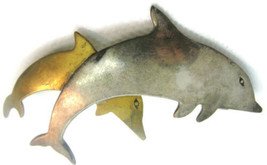 Vintage Double Dolphin 3&quot; Hallmarked 925 Gold Plated Sterling Silver Brooch - £77.65 GBP