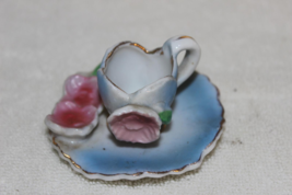 Vintage 1950’s Miniature Cup &amp; Saucer Made In Japan Pink 3D Flowers Blue White - £12.01 GBP