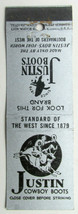 Justin Cowboy Boots - Fort Worth, Texas Bootmakers 20 Strike Matchbook Cover TX - £1.59 GBP
