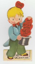 Vintage Valentine Card Magician Boy Mechanical 1950&#39;s Die-Cut - $12.86