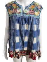 John Mark Embroidered Ruffle Plaid Mixed Media Boho Flowy Linen Tank Top... - $34.95