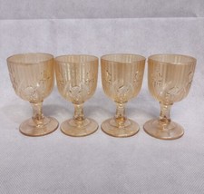 Iris &amp; Herringbone Wine Glasses 4 Iridescent Marigold Jeanette Glass Co 4&quot; Tall - £26.33 GBP
