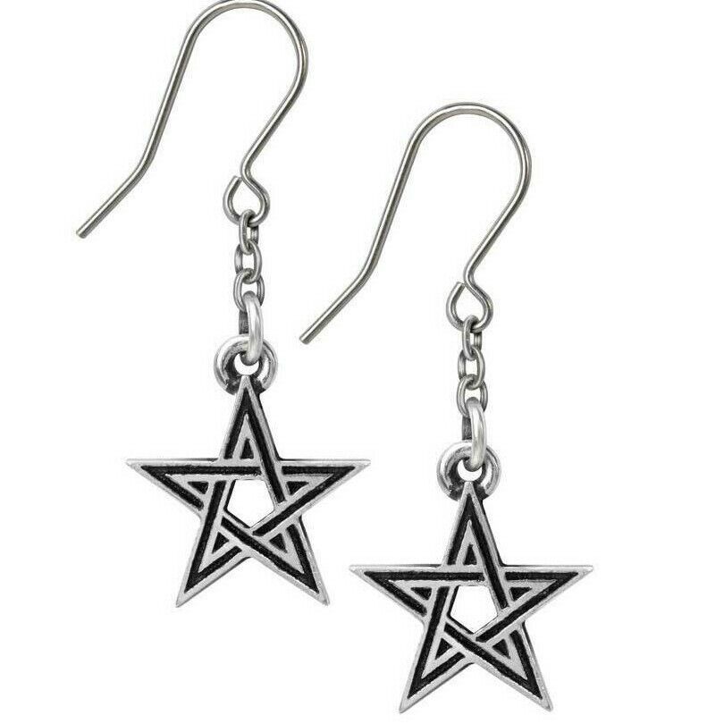 Alchemy Gothic Black Star Earrings Woven Wiccan Pentagrams Surg Steel Hooks E395 - $16.45