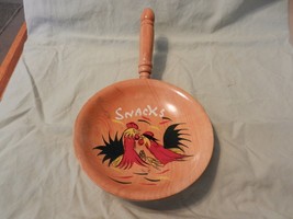 Vintage Wooden Snacks Serving Bowl with Handle Roosters Folk Art (M) - $35.00