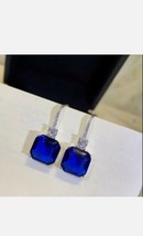 4.50Ct Asscher Cut Simulated Blue Sapphire Drop Earrings 14K White Gold Plated - £66.39 GBP