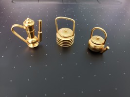 Set of 3 Dollhouse Gold Plated Miniatures Kitchen Accessories Kettle Unb... - £13.44 GBP