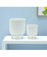 Set of Two White Ceramic Striped Footed Pot Planters - $8,036.66 MXN