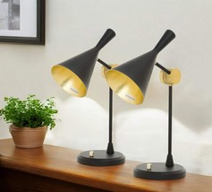 Set of Two 23&quot; Black Metal Geometric Desk Table Lamps With Black and Gold Cone S - $196.96