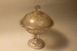 Vintage Etched Glass Candy Dish Diamond Design Covered Scalloped Rim  (New) - $40.28